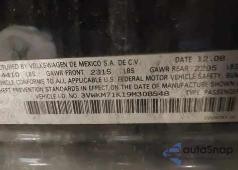 2009 Volkswagen Jetta 2.5L S z USA, uszkodzony, nr VIN 3VWKM71K19M308548